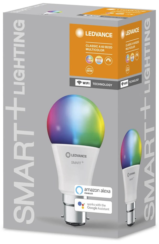 LEDVANCE Inteligentná LED žiarovka SMART+ WIFI, B22d, A60, 9W, 806lm, 2700-6500K, teplá-studená biela, RGB
