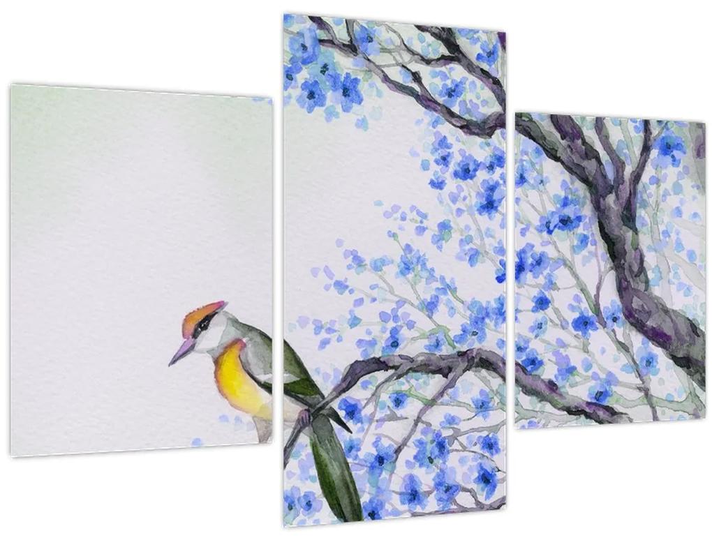 Obraz - Vtáčik na strome s modrými kvetmi (90x60 cm)
