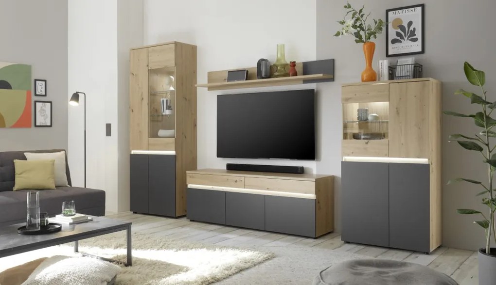 TV skříňka s policí Lille, dub artisan/antracit, s osvětlením