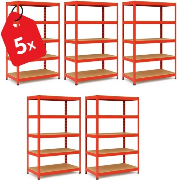 Akcia 5x Regál 180x90x40 cm lakovaný 5-policový, nosnosť 875 kg - červený