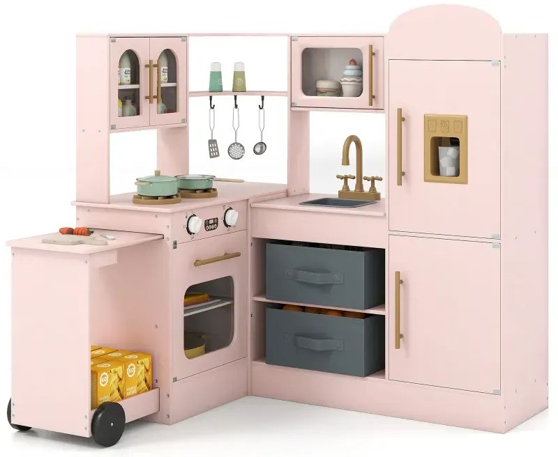 Rohová kuchyňa so svetlom a zvukom Drevená hracia zostava s výsuvnou pracovnou doskou Drez Sporák Rúra Chladnička Ružová