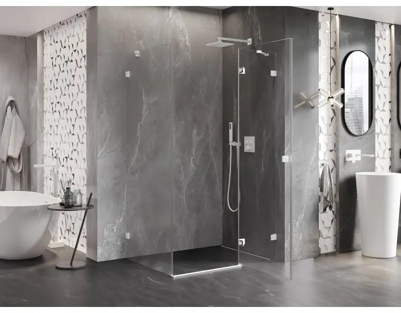Mexen Lunar, pravostranný výklopný sprchový kút 90 x 80 cm, 8mm číre sklo, biely profil, 834-090-080-20-00-P