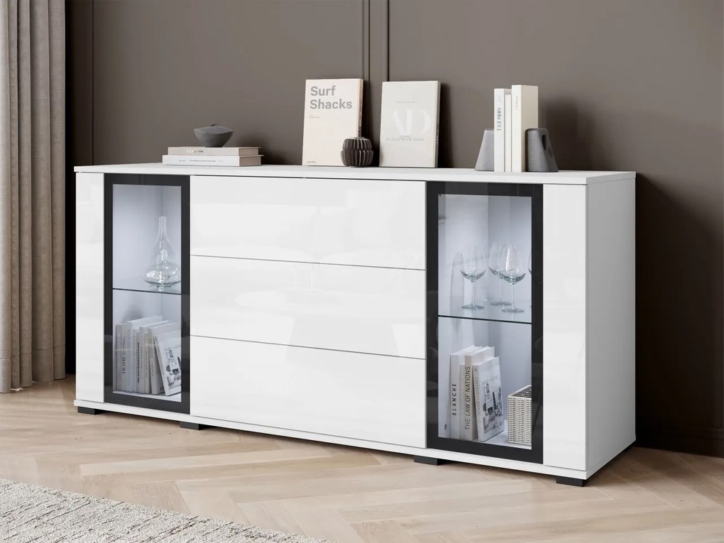 Široká komoda Hedvis SB 150 2D3S, Farby: čierna, Osvetlenie: osvetlenie LED biele