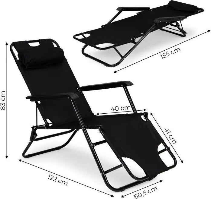 Ležadlo s opierkou hlavy, skladacia konštrukcia, čierne