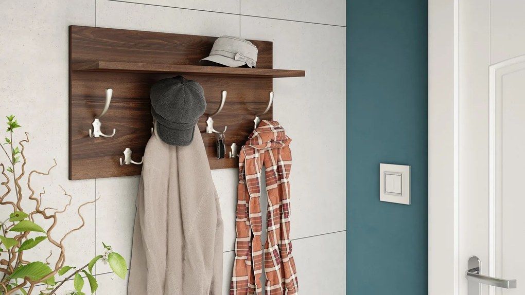 FINLO Orech California / držiaky Saténový nikel - MODERNÝ NÁSTENNÝ VEŠIAK S POLICAMI DO PREDSIENE 90 a 70 cm
