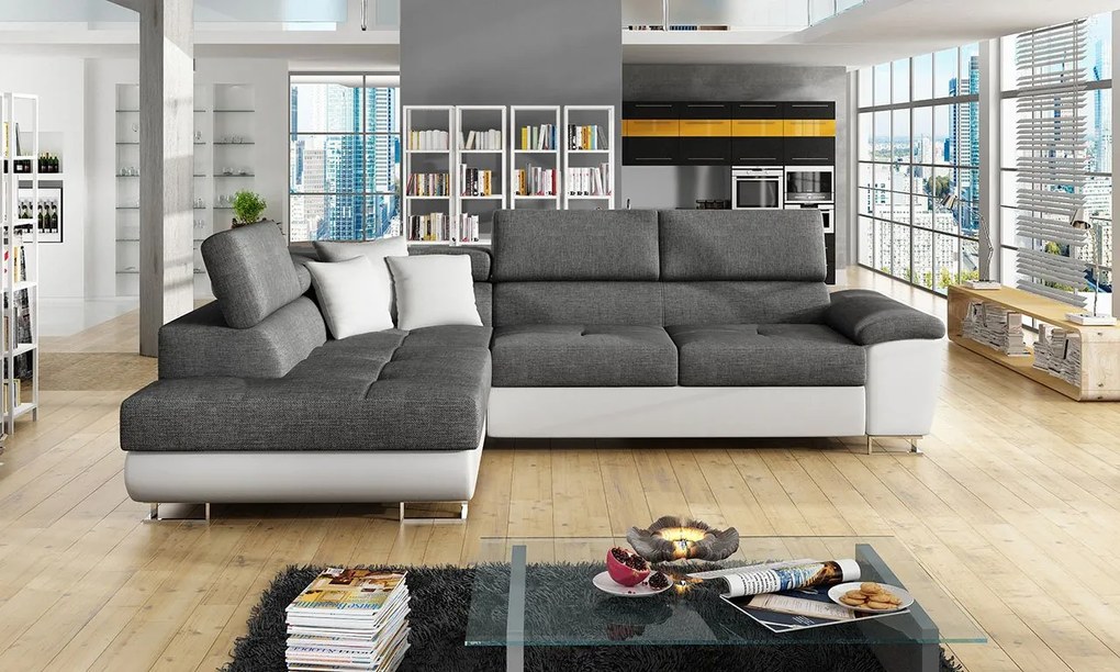 Rohová sedacia súprava do obývačky Alvin Sale, Dostupné poťahy: Ekokoža Soft 017 (biela) + Lux 06 + Ekokoža Soft 017 (biela), Strana: pravá