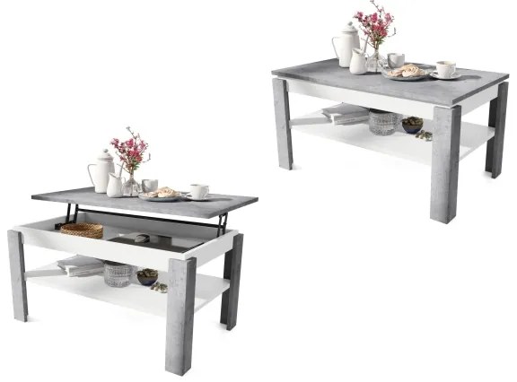 Rozkladací konferenčný stôl so zvíhacou doskou a poličkou ADEN šedá betón/biela