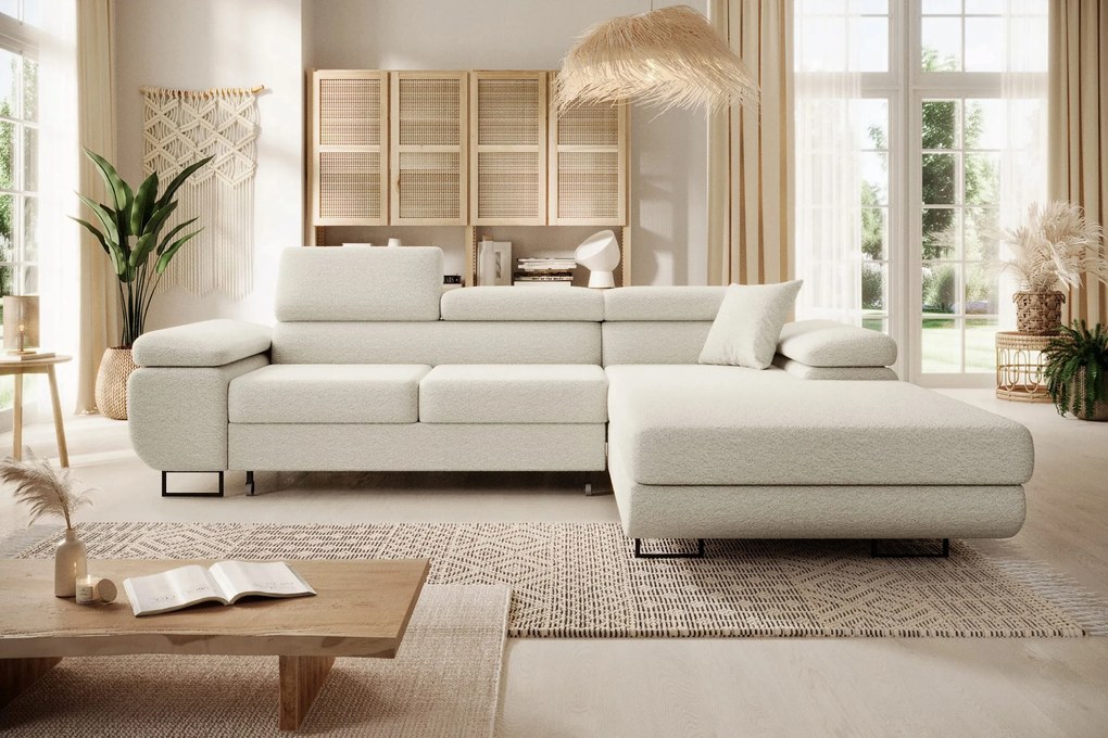 Moderný boho rohový gauč na každodenné spanie krémový Astorp L, pravý