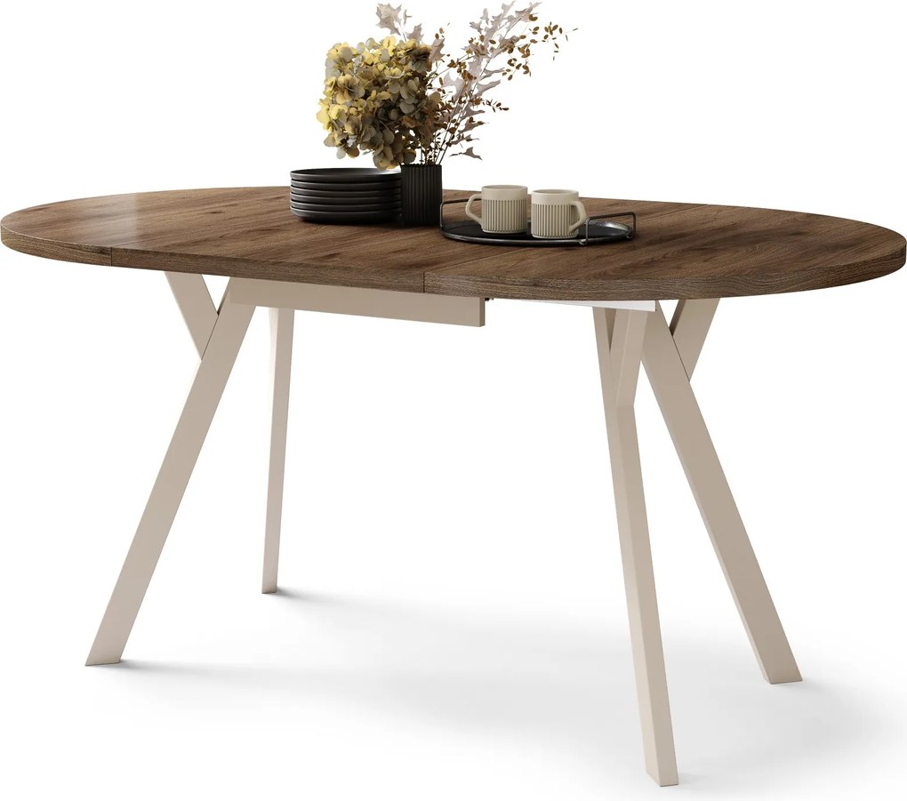 ALMO Elegantný orech/béžové nohy - OKRÚHLY LOFTOVÝ/INDUSTRIÁLNY ROZKLADACÍ STÔL DO OBÝVAČKY/JEDÁLNE