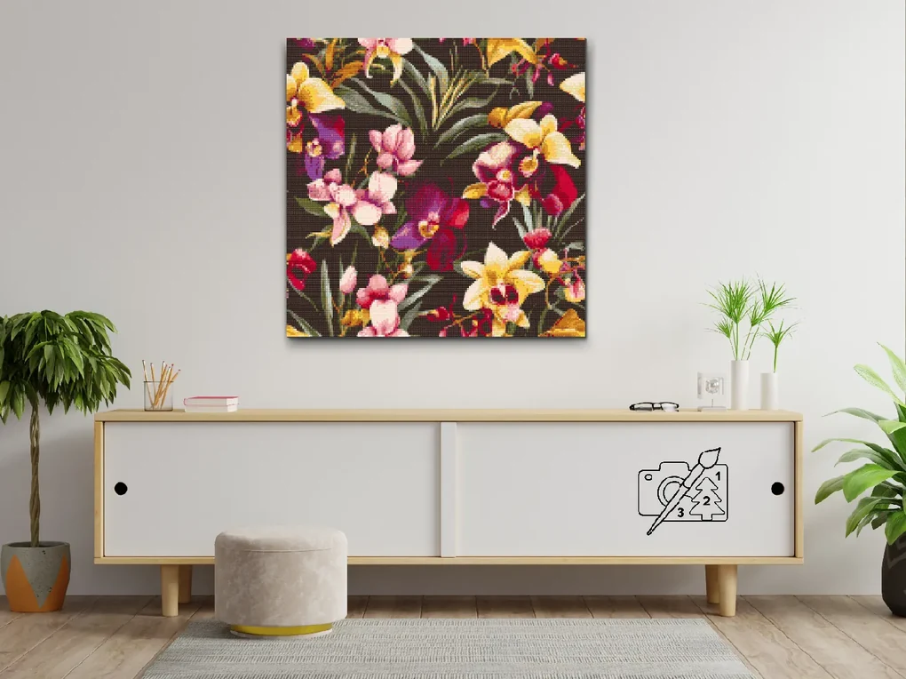 Gario Diamantové maľovanie Kvetinové pozadie orchidea Rozmery: 50 x 50 cm, Rámovanie: Iba zrolované plátno, Diamanty: Štvorcové