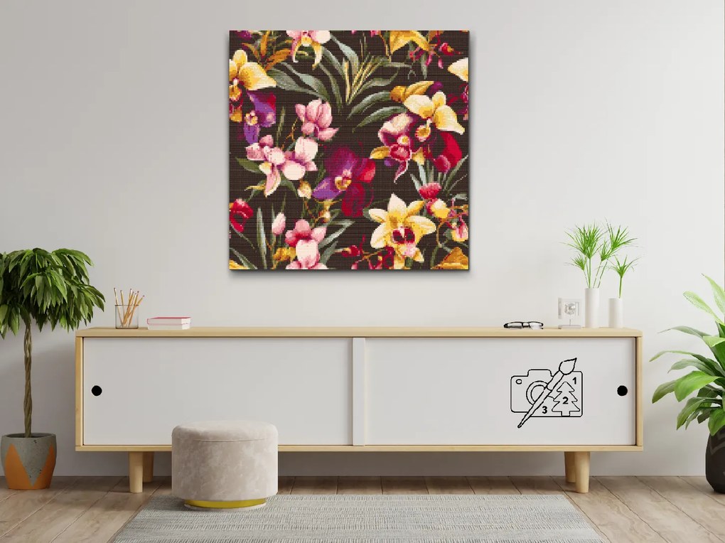 Gario Diamantové maľovanie Kvetinové pozadie orchidea Rozmery: 50 x 50 cm, Rámovanie: S vnútorným rámom, Diamanty: Okrúhle