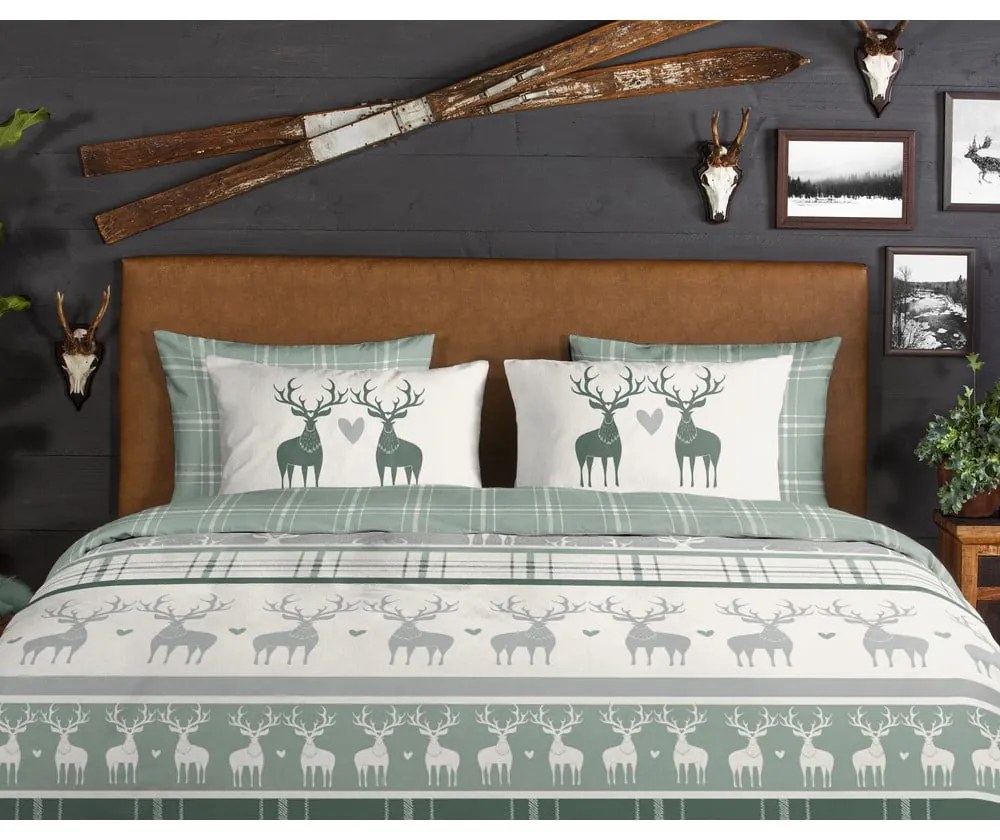 Zeleno-krémové predĺžené flanelové obliečky na dvojlôžko 200x220 cm Bjirk – Good Morning