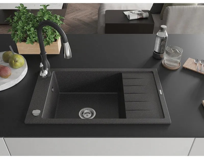 Mexen Elias, 1-komorový granitový drez 795x480x200 mm a drezová batéria Savita, čierna škvrtnitá, 6511-76-672601-70
