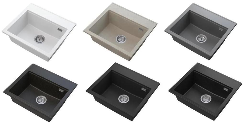 Sink Quality Ferrum New 5055, 1-komorový granitový drez 560x500x210 mm + čierny sifón, béžová, SKQ-FER.5055.B.XB