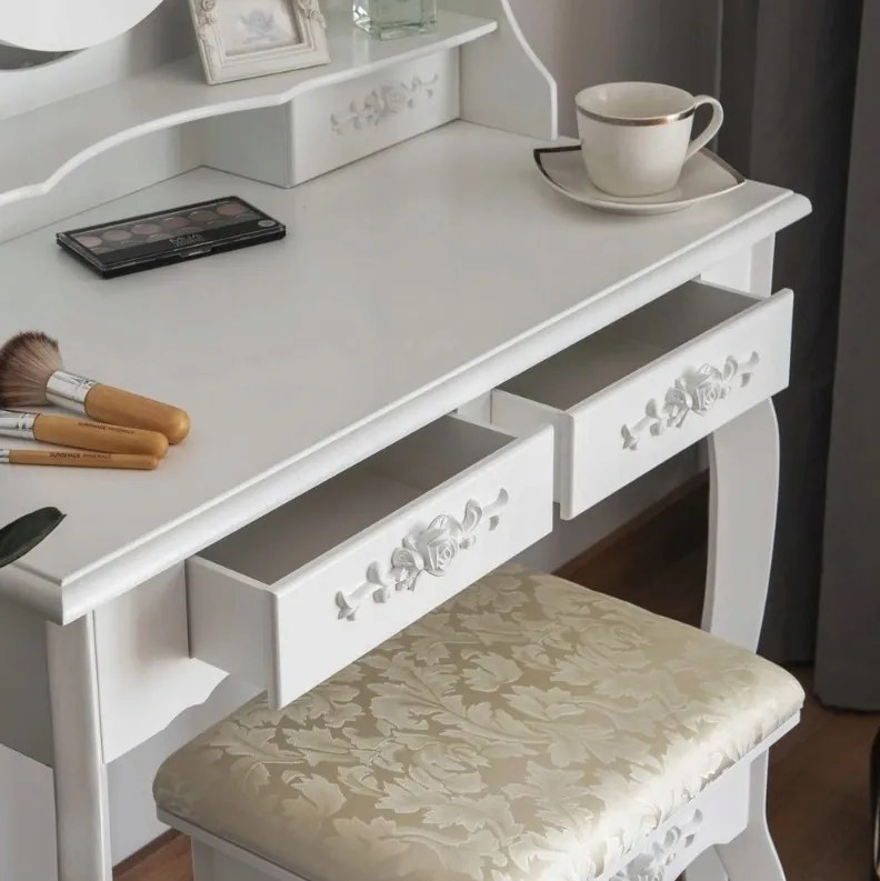 DomTextilu Vintage toaletný stolík s otočným zrkadlom s LED osvetlením 44987 Biela