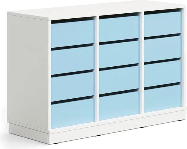 Úložná skrinka CASPER, 12 zásuviek, so soklom, biela/sky blue