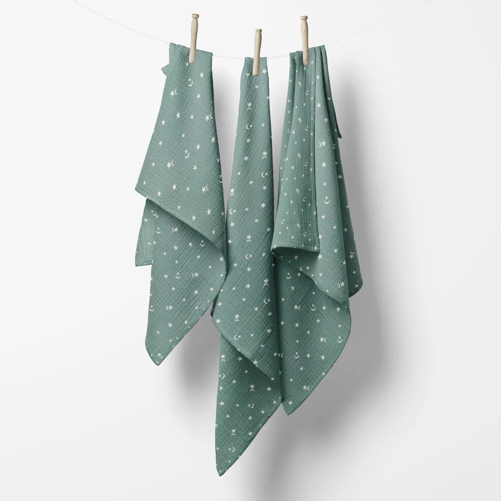 Biante Mušelínová plienka/dečka Nature MSN-053 Nočná obloha na pastelovo modrozelenom - ZVÝHODNENÁ SADA 3 KS 70x70 cm - Sada 3 ks