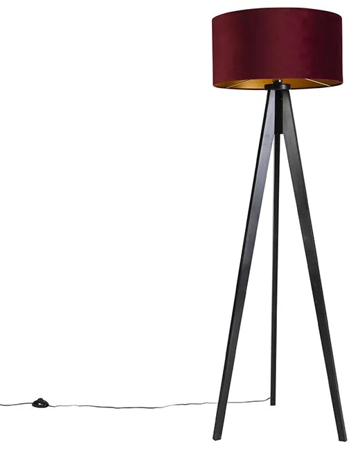 Čierna stojaca lampa s velúrovým odtieňom červená so zlatou 50 cm - statív classic