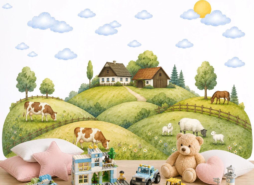 Kopce, lúky, farma nálepky na stenu pre deti hárok 75 x 34 cm
