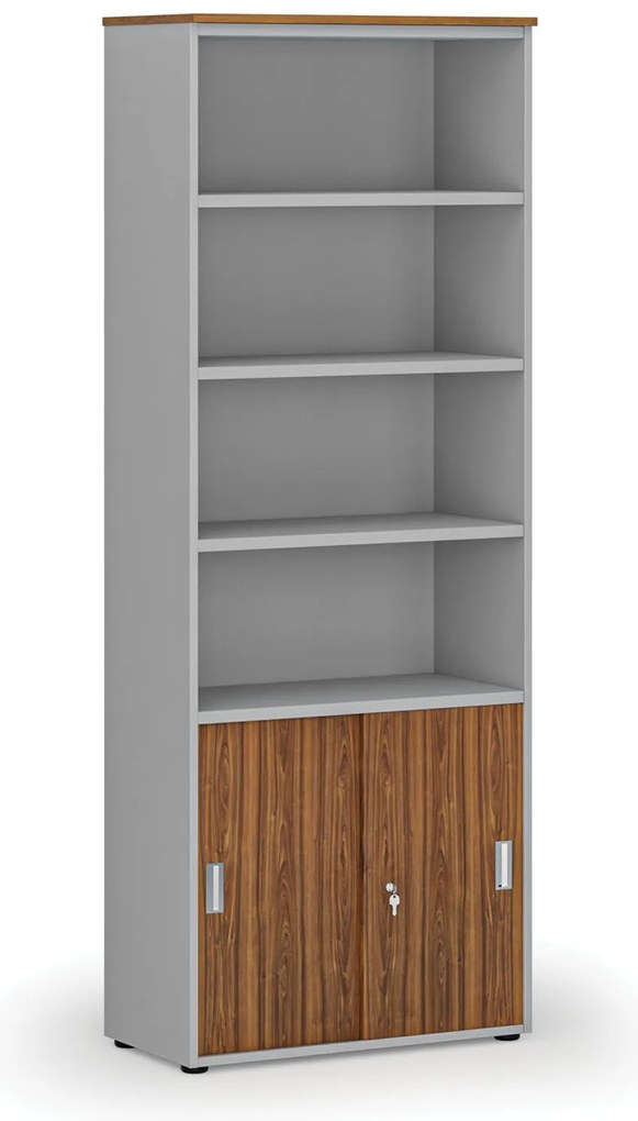 Kombinovaná kancelárska skriňa PRIMO GRAY, zasúvacie dvere na 2 poschodia, 800 x 420 x 2128 mm, sivá/orech