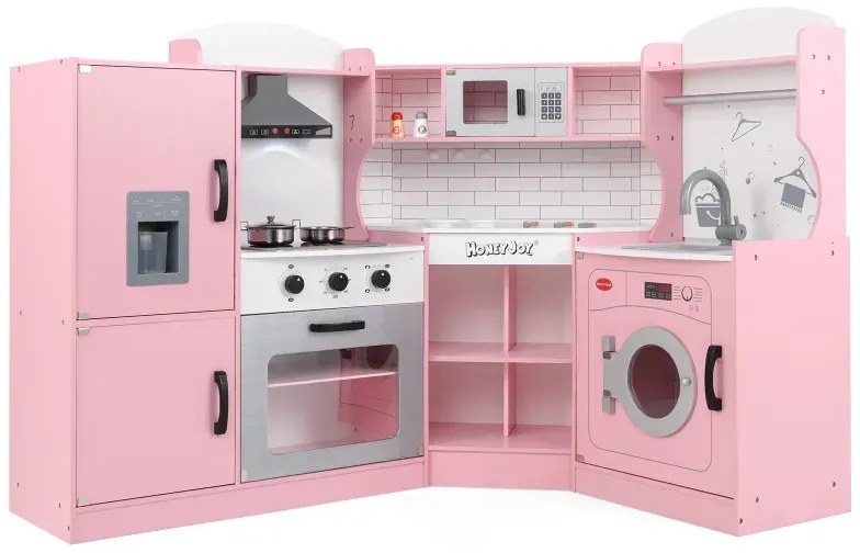 Rohová kuchynka na hranie, kuchynská súprava s digestorom, výrobníkom zmrzliny, mikrovlnnou rúrou, rúrou, práčkou, ružovou