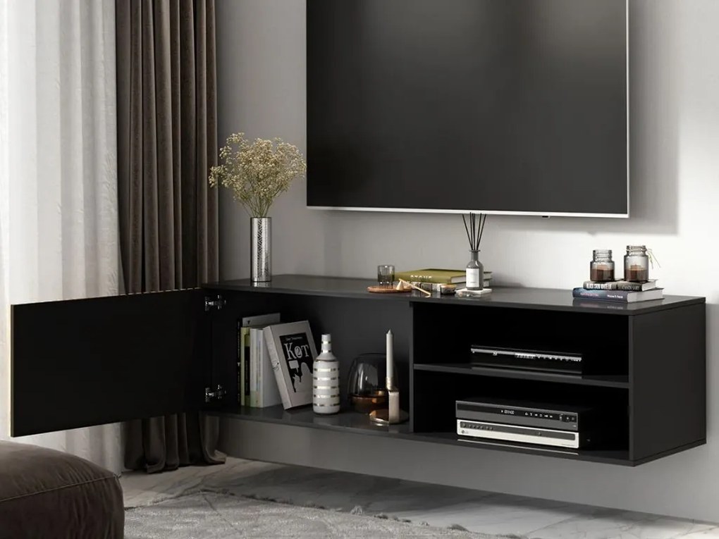 AKCIA Závesná TV skrinka MEORATI 150x40 cm, čierna/dub artisan II. akosť