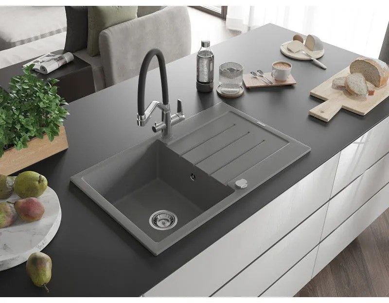 Mexen Bruno, 1-komorový granitový drez 795x495x200 mm a drezová batéria Duo, šedá, 6513-71-671701-07