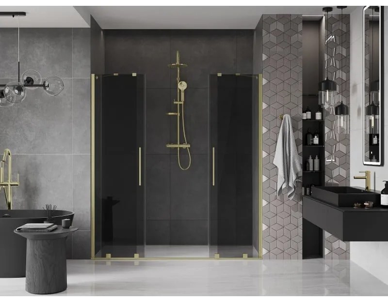 Mexen Velar Duo, posuvné sprchové dvere do otvoru 180 cm, 8mm šedé sklo, zlatá matná, 871-180-000-42-55