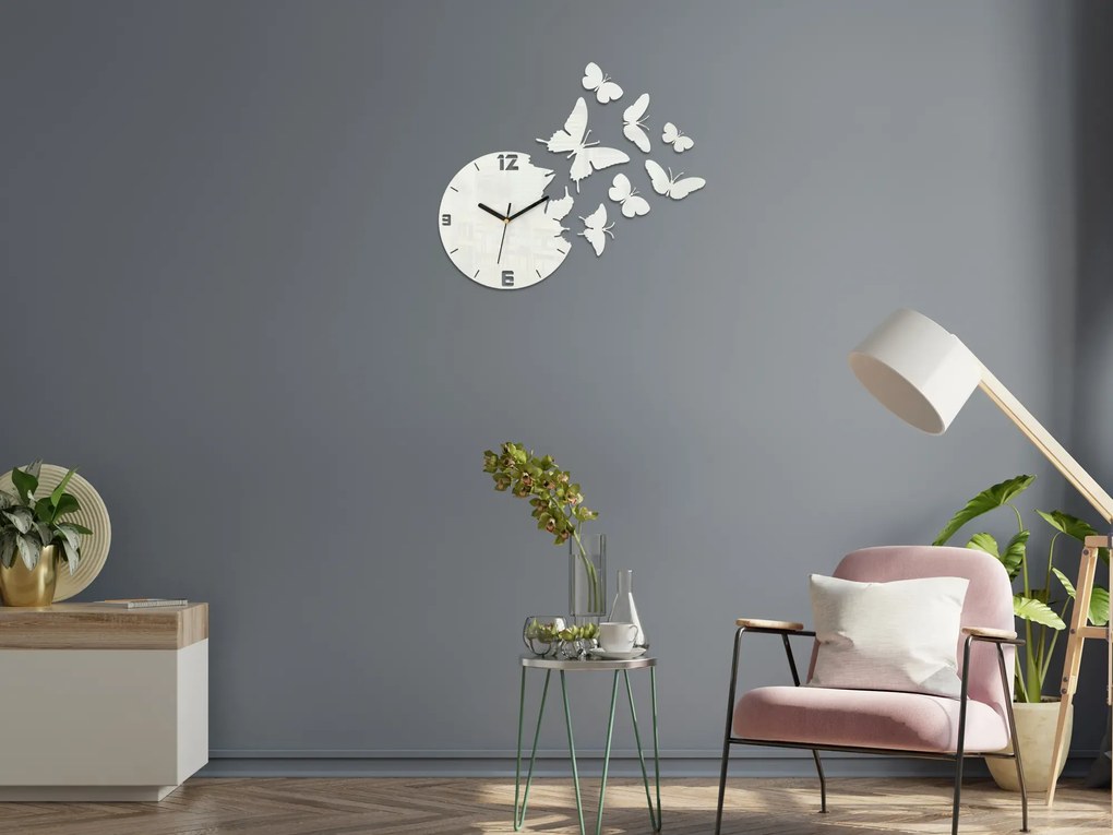 3D nalepovacie hodiny Butterflies biele