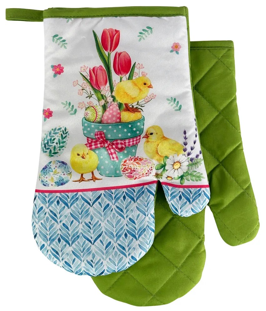 Súprava 2 kuchynských chňapiek s magnetom EASTER CHICKS, bielo-zelená