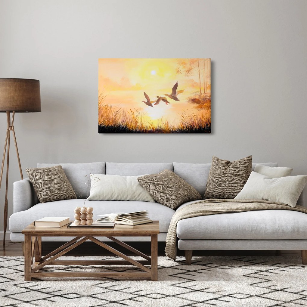 Obraz - Žeriavy pri západe slnka (90x60 cm)