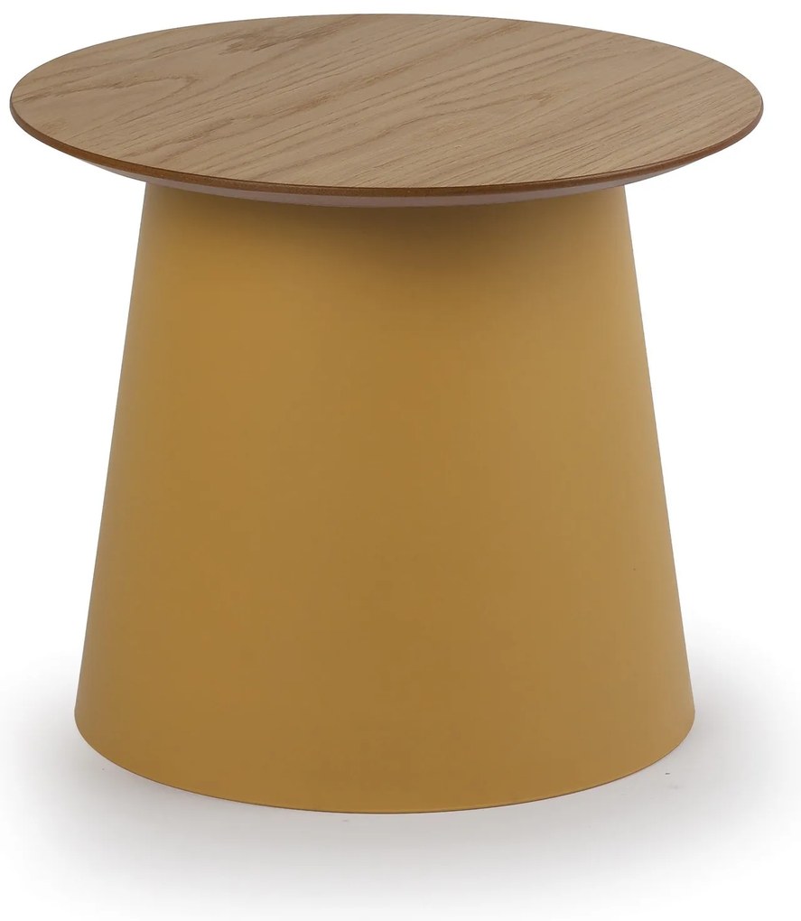 Plastový kávový stolík SETA s drevenou doskou, priemer 49 cm, dub/okrová