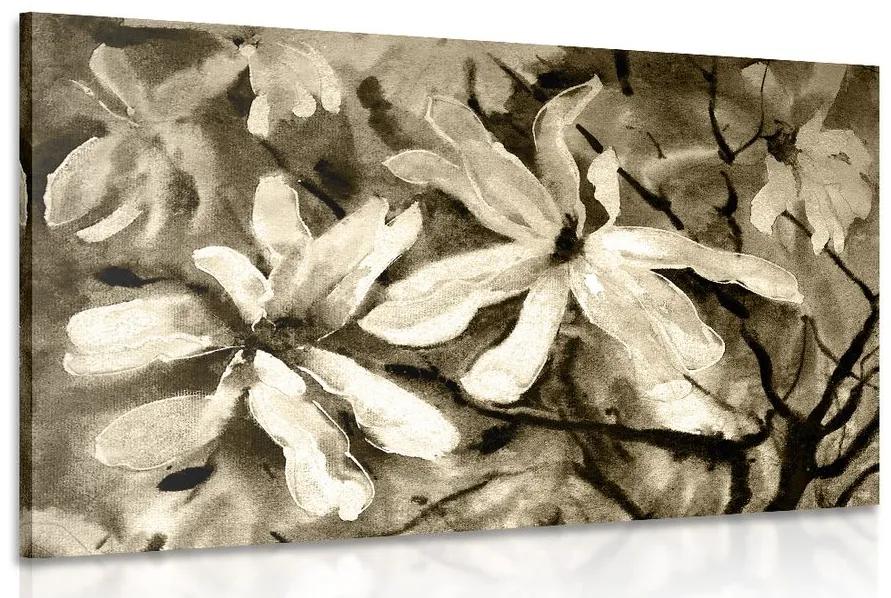 Obraz rozkvitnutý akvarelový strom v sépiovom prevedení Varianta: 90x60