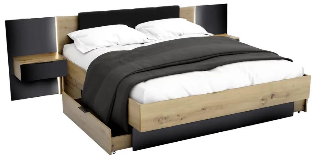 Manželská posteľ ARKADIA + rošt + matrac COMFORT + doska s nočnými stolíkmi, 160x200, dub artisan/čierna