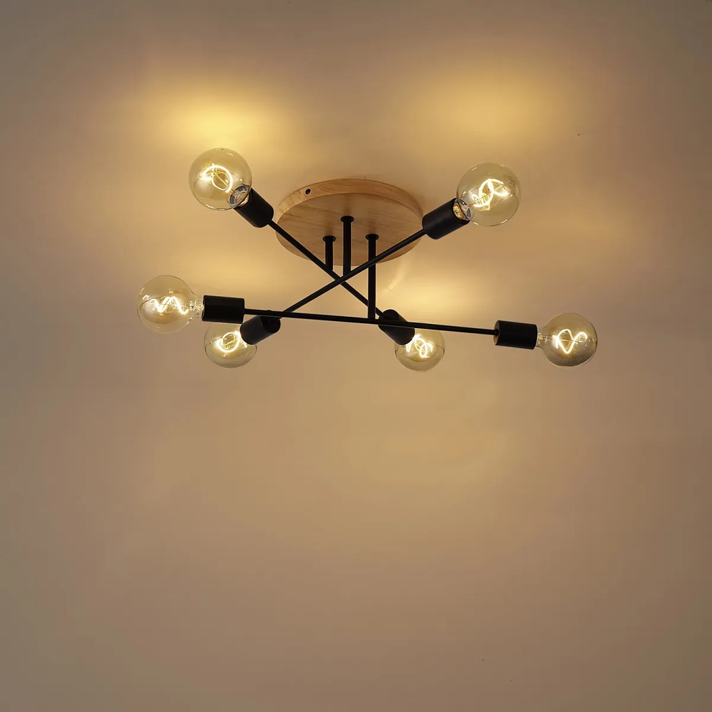 Art Deco stropné svietidlo čierne s drevom 6-svetiel - Sydney
