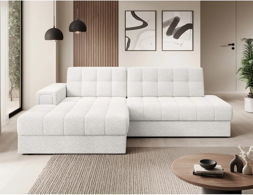 Krémovobiela rozkladacia rohová pohovka z textílie buklé (ľavý roh/s leňoškou) Blezalt – ELTAP