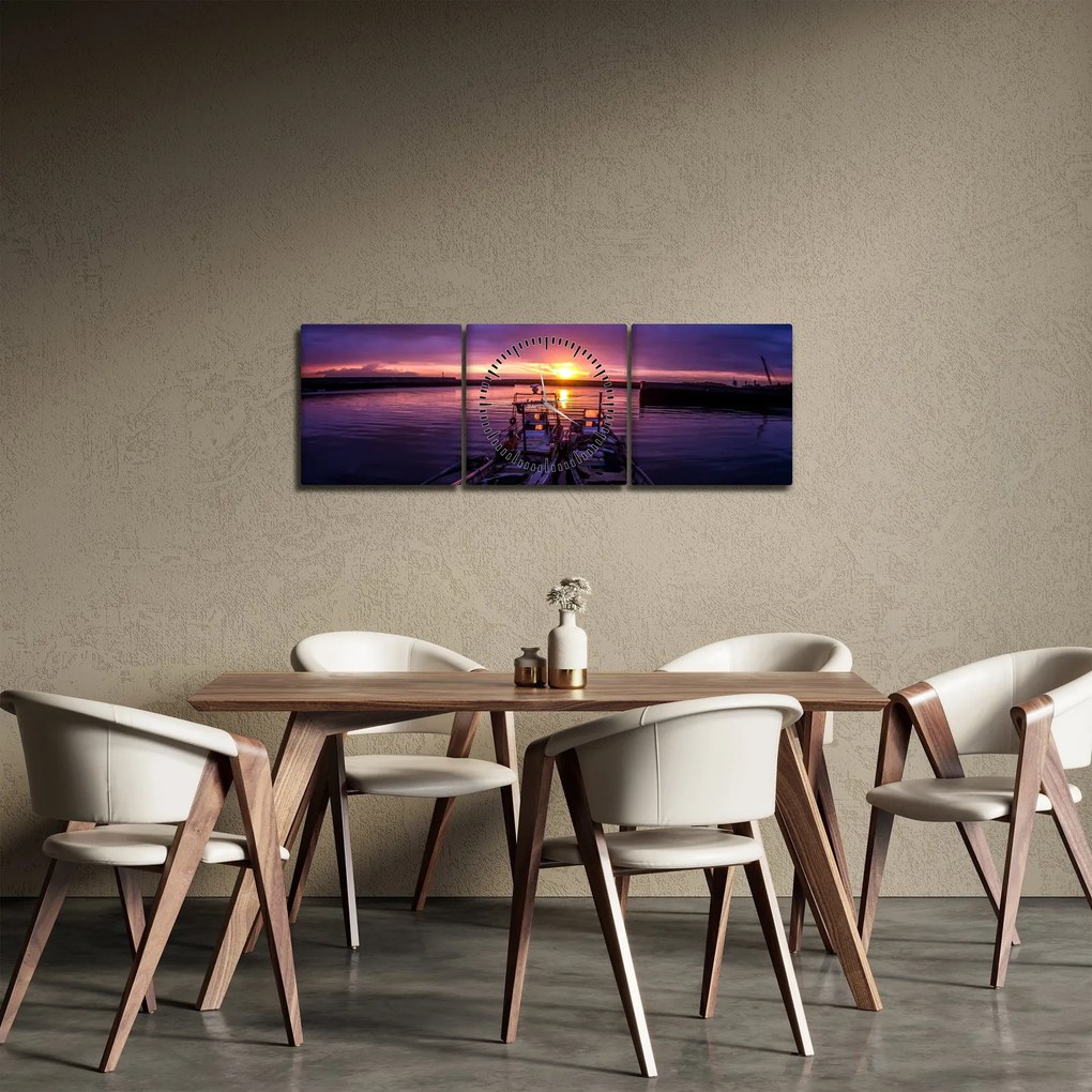 Obraz rybárskych lodí v prístave (s hodinami) (90x30 cm)