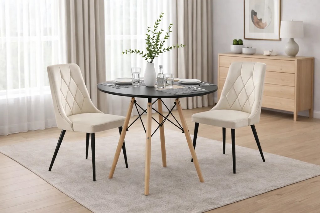 Jedálenská zostava stôl 80 cm biely a 2 stoličky IMOLA béžové / nohy čierne