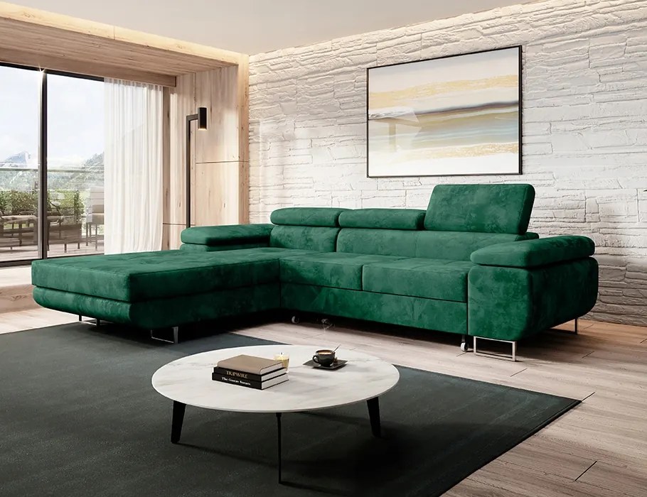 Zelený rozkladací roh Norberg s opierkami hlavy z hydrofóbnej tkaniny