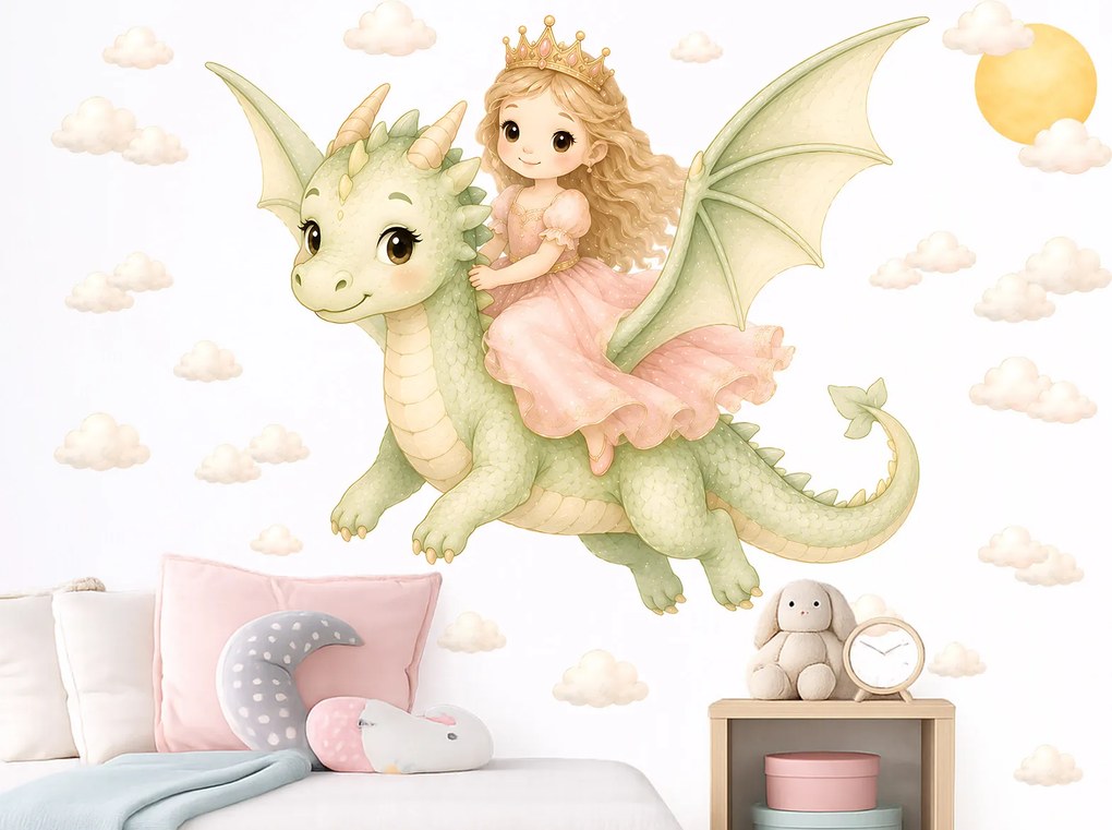Princezná na drakovi nálepky na stenu pre dievčatá hárok 45 x 37 cm
