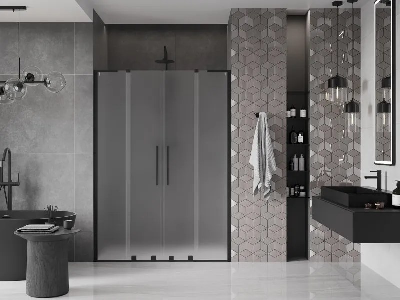 Mexen Velar L Duo, posuvné sprchové dvere do otvoru 140 cm, 8mm sklo námraza, čierna matná, 871-140-003-32-70