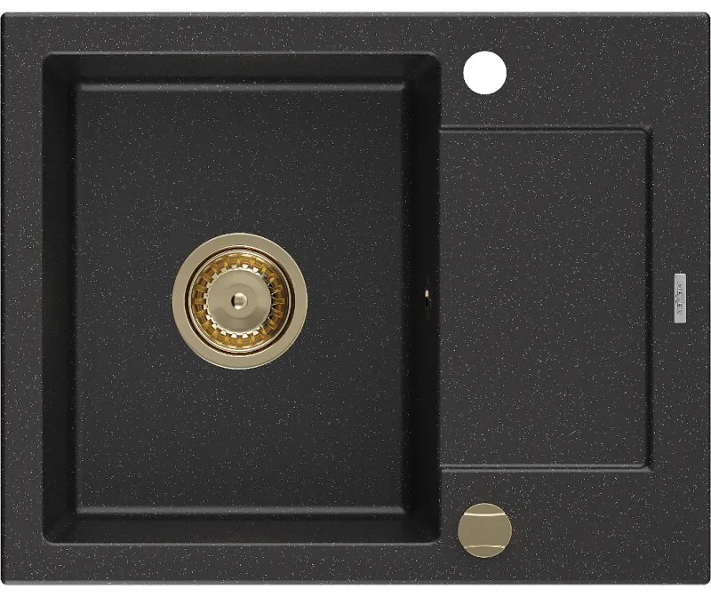 Mexen Enzo, granitový drez 576x465x174 mm, 1-komorový, čierna/strieborná metalíza so zlatým sifónom, 6506571005-73-G
