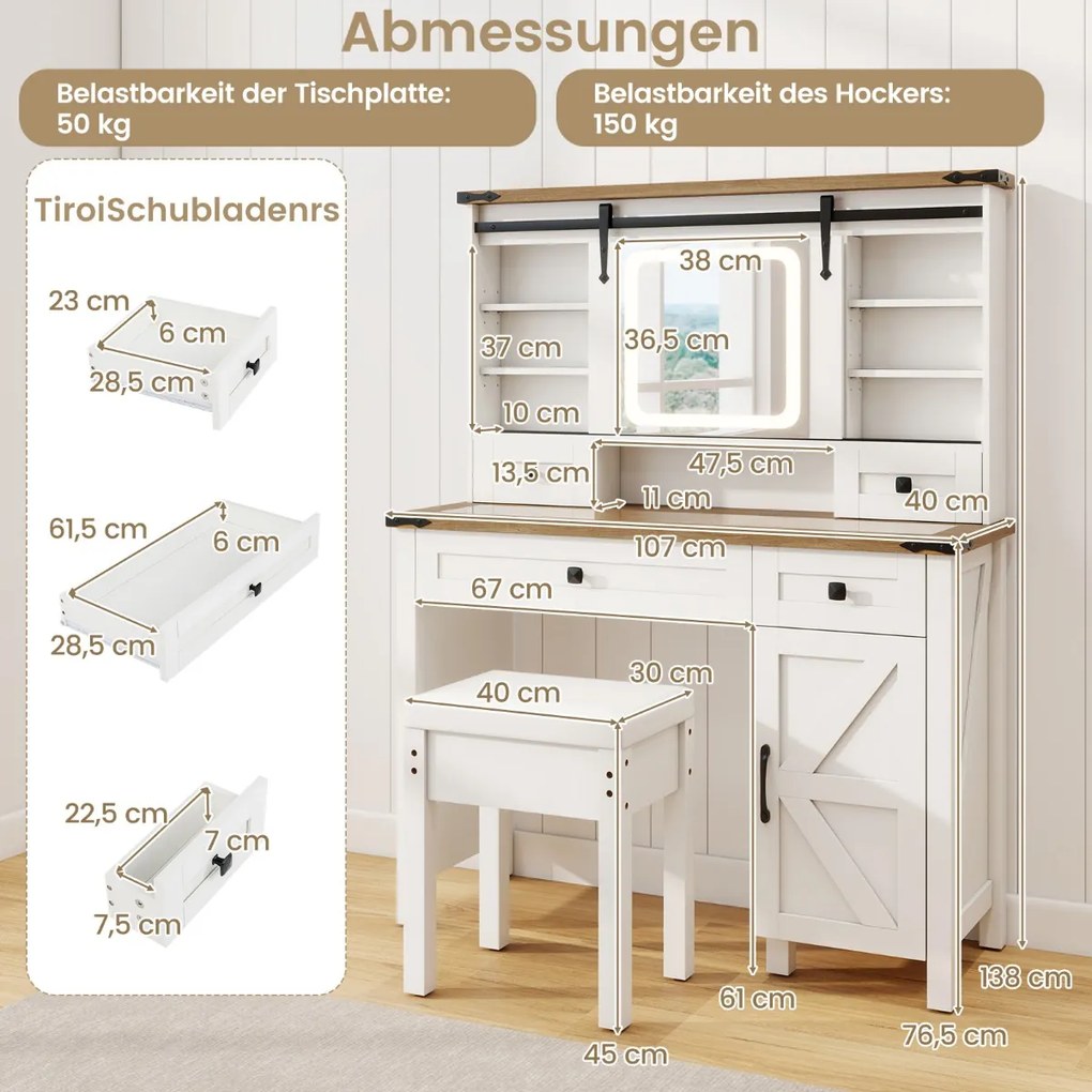 Toaletný stolík s LED osvetlením 3 farby s nastaviteľným jasom kozmetický stolík biely