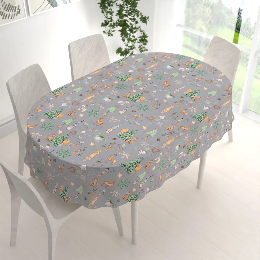 Biante Vianočný bavlnený oválny obrus Sandra SA-509 Vianoční škriatkovia a ozdoby na sivom 140x180 cm