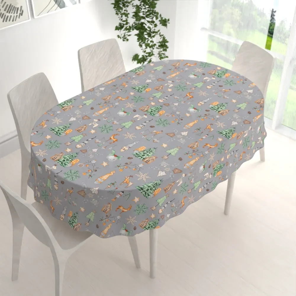 Biante Vianočný bavlnený oválny obrus Sandra SA-509 Vianoční škriatkovia a ozdoby na sivom 140x220 cm
