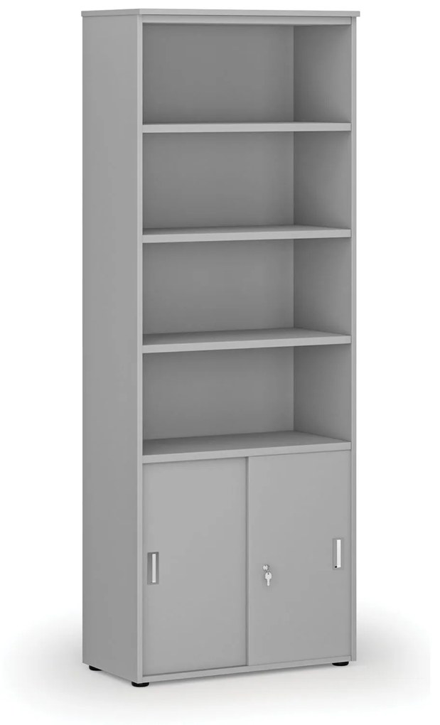 Kombinovaná kancelárska skriňa PRIMO GRAY, zasúvacie dvere na 2 poschodia, 2128 x 800 x 420 mm, sivá