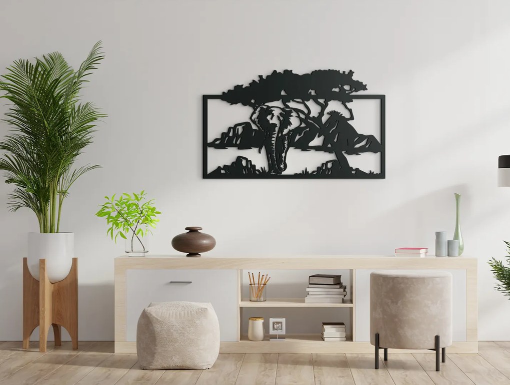 drevko Drevený obraz Slon v savane Rozmer obrazu: 26,5 x 44,5 cm, Farba dekorácie: Čierna