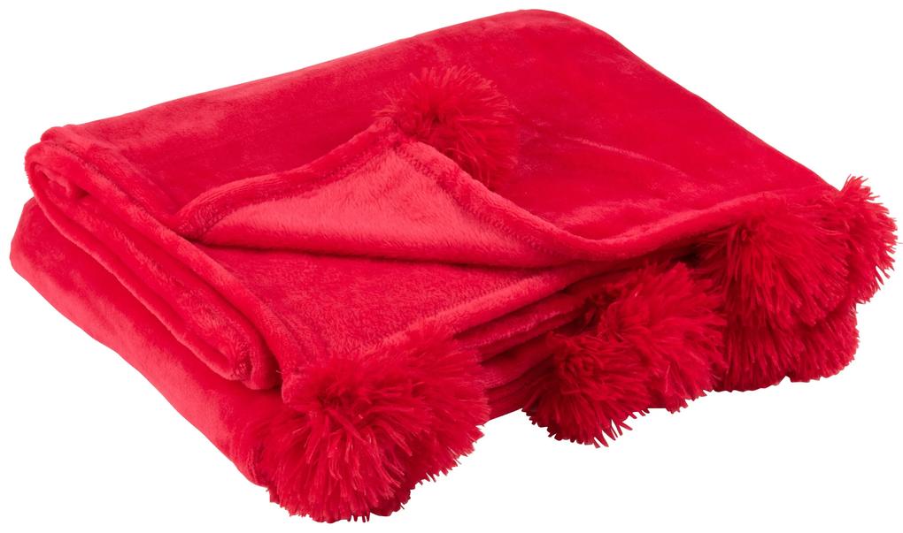 Huňatá deka v krásnej červenej farbe s pomponmi na bokoch deky 170 x 130 x 1 cm Jolipa 41268