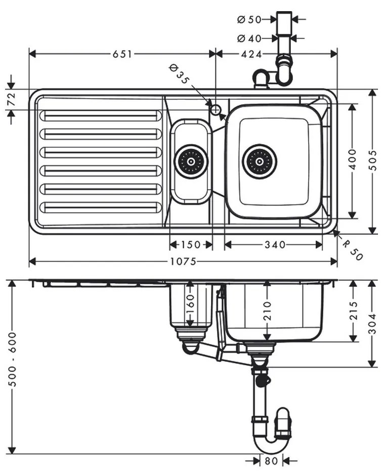 Hansgrohe S41 - S4111-F540 Vstavaný drez 340/150/400 s odkvapkávačom, nerezová oceľ 43342800