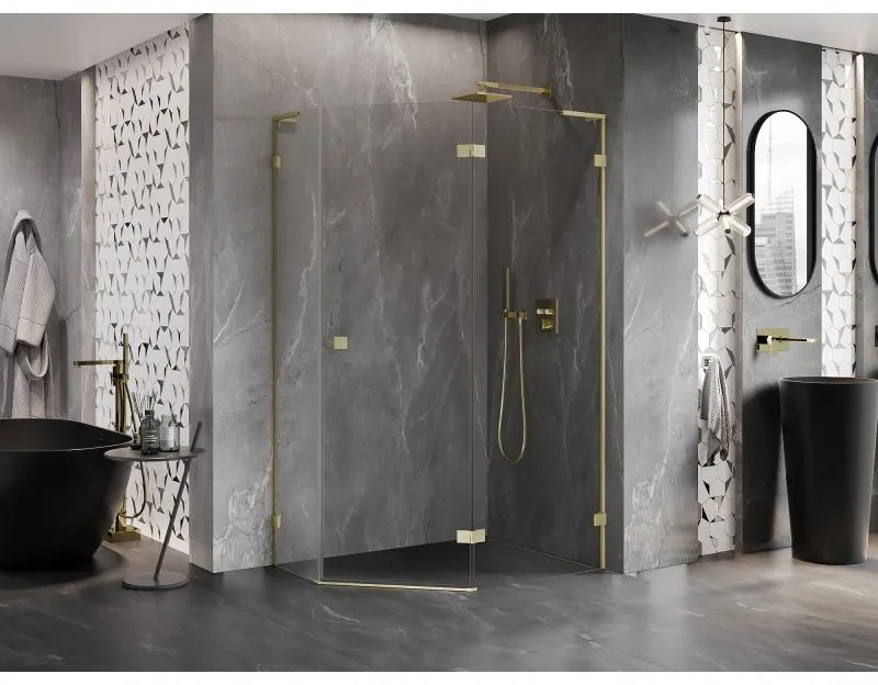 Mexen Lunar, L pravý výklopný päťuholníkový sprchový kút 90 x 80 cm, 8mm číre sklo, zlatý matný profil, 831L-090P-080L-55-00-P